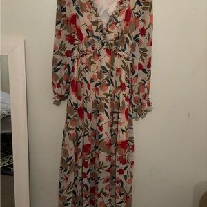 SHEIN Red and Green V-Neck Bishop Sleeve Sundress